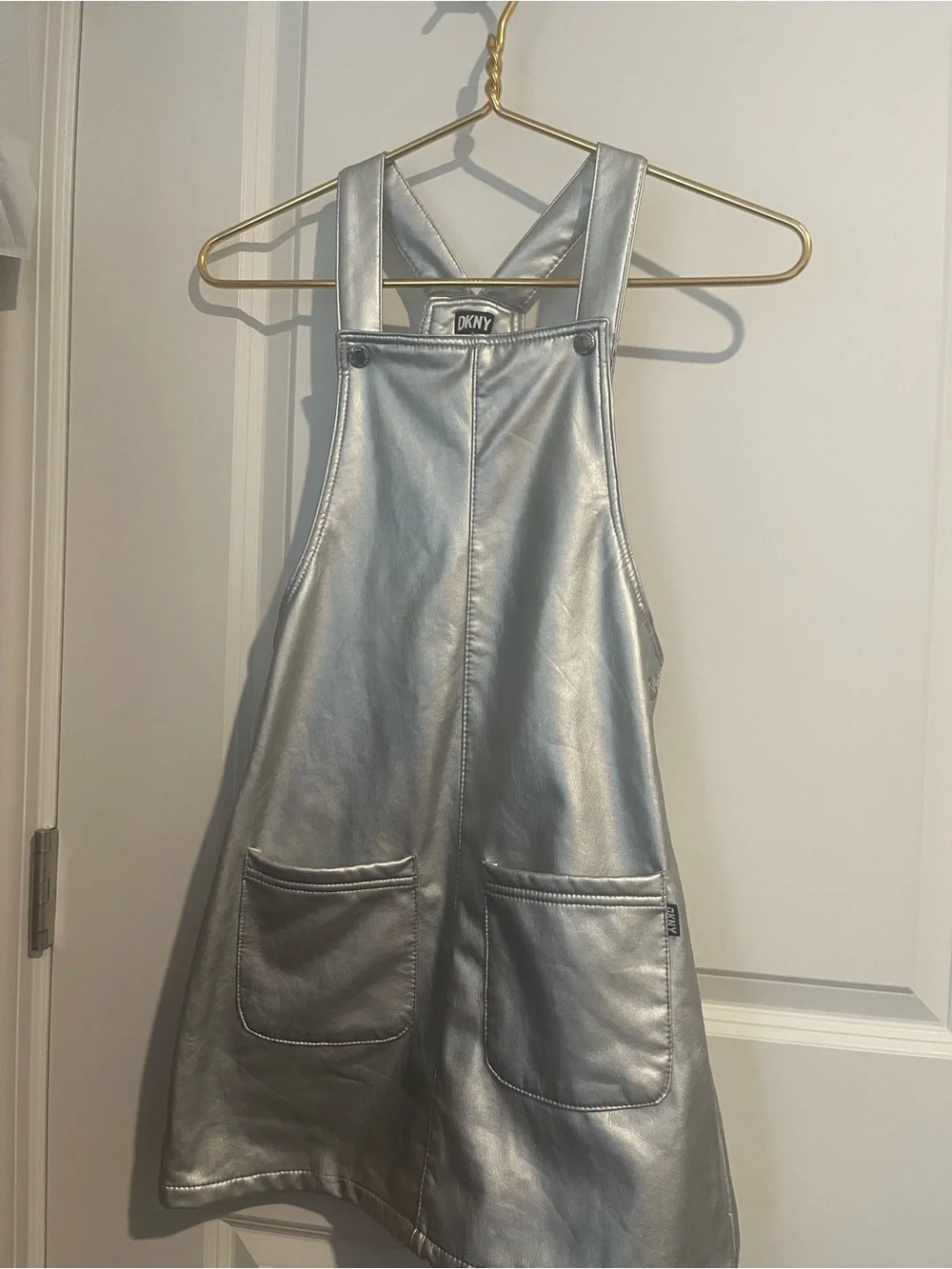 DKNY Girls' 10 Metallic Silver Faux-Leather Pinafore Dress 2 Front Pockets